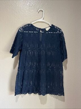 en elle Navy Lace Short Sleeve Blouse Sz 8 Layered  Cottage Core boho TC0248